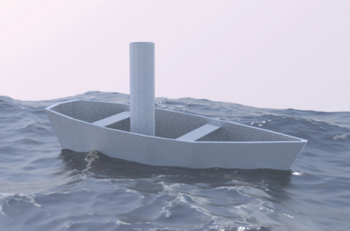 video still, 3D boat animation on water with pink backdrop