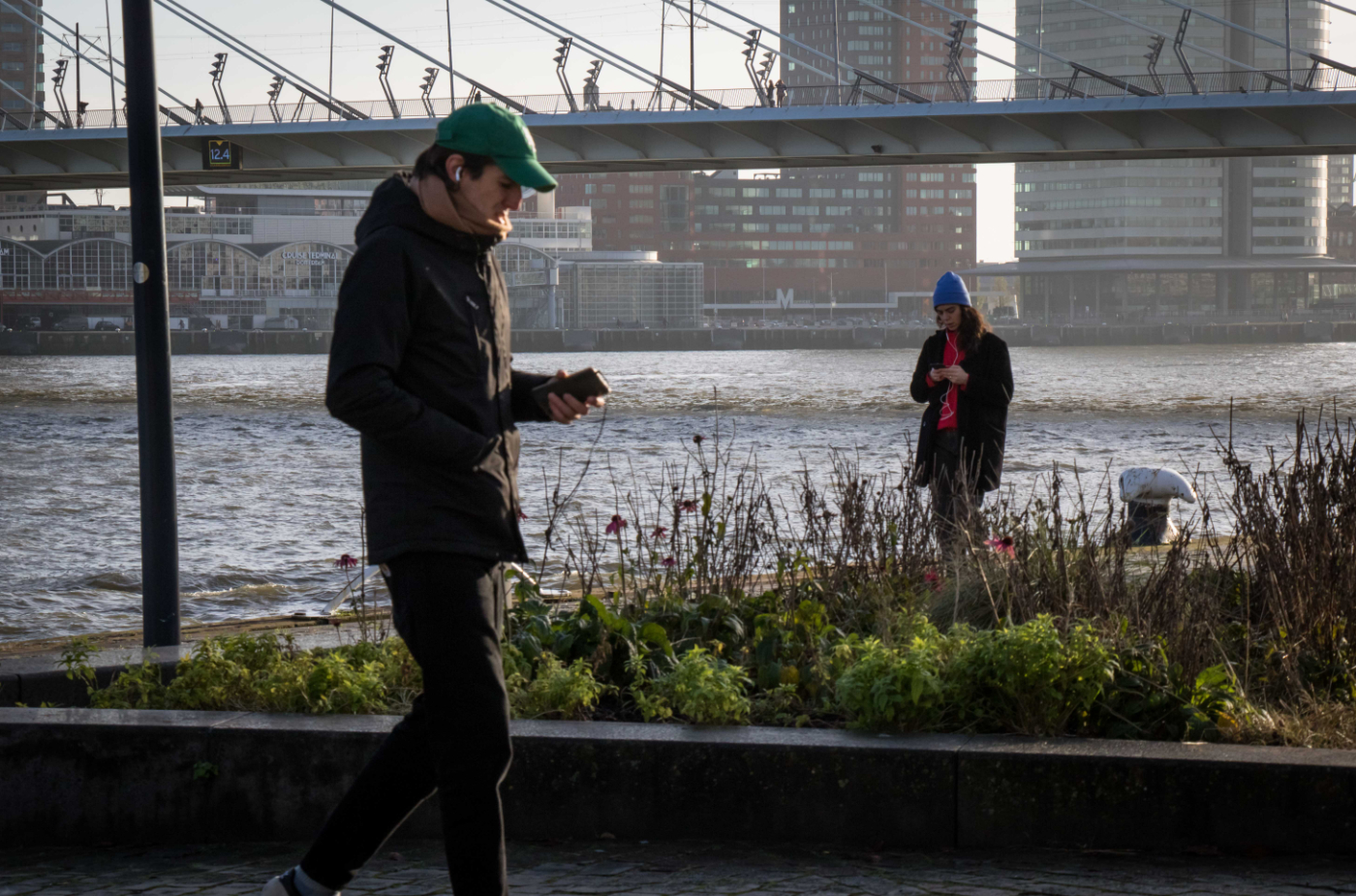 public walk participants in front of the Maas and Erasmus Bridge in Rotterdam
